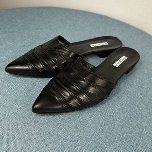 Herzel De Bach Roma Black Leather Square Heels Mules Flats Size 9.5